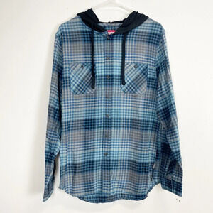 NEW Unionbay Hooded Button Up Shirt Mens Small Blue Gray Plaid Logo NWOT